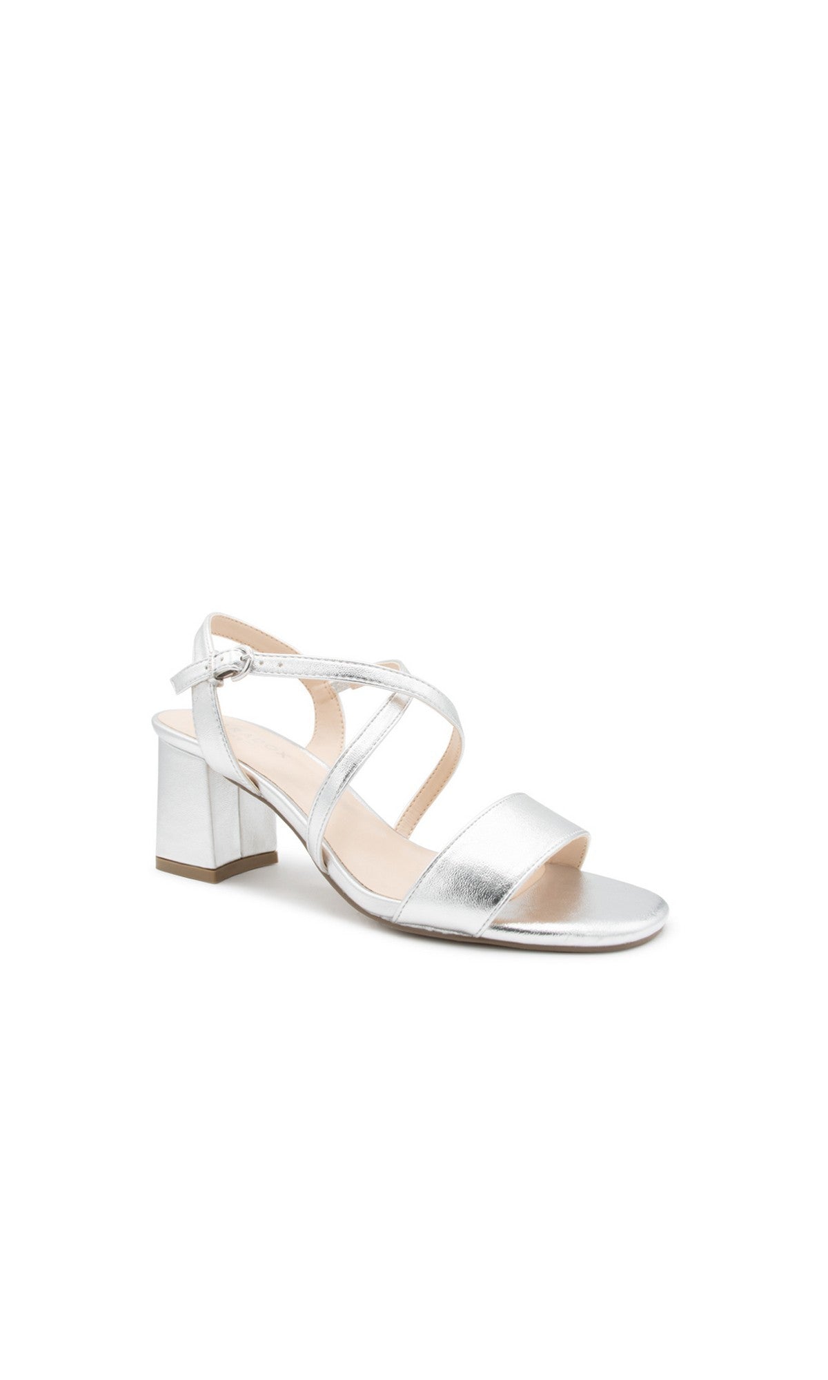 The Honeysilk Silver Shoes: Paradox London P2601 feature a low block heel, crisscross straps, and ankle buckle closure—perfect silver prom heels—shown on a white background.